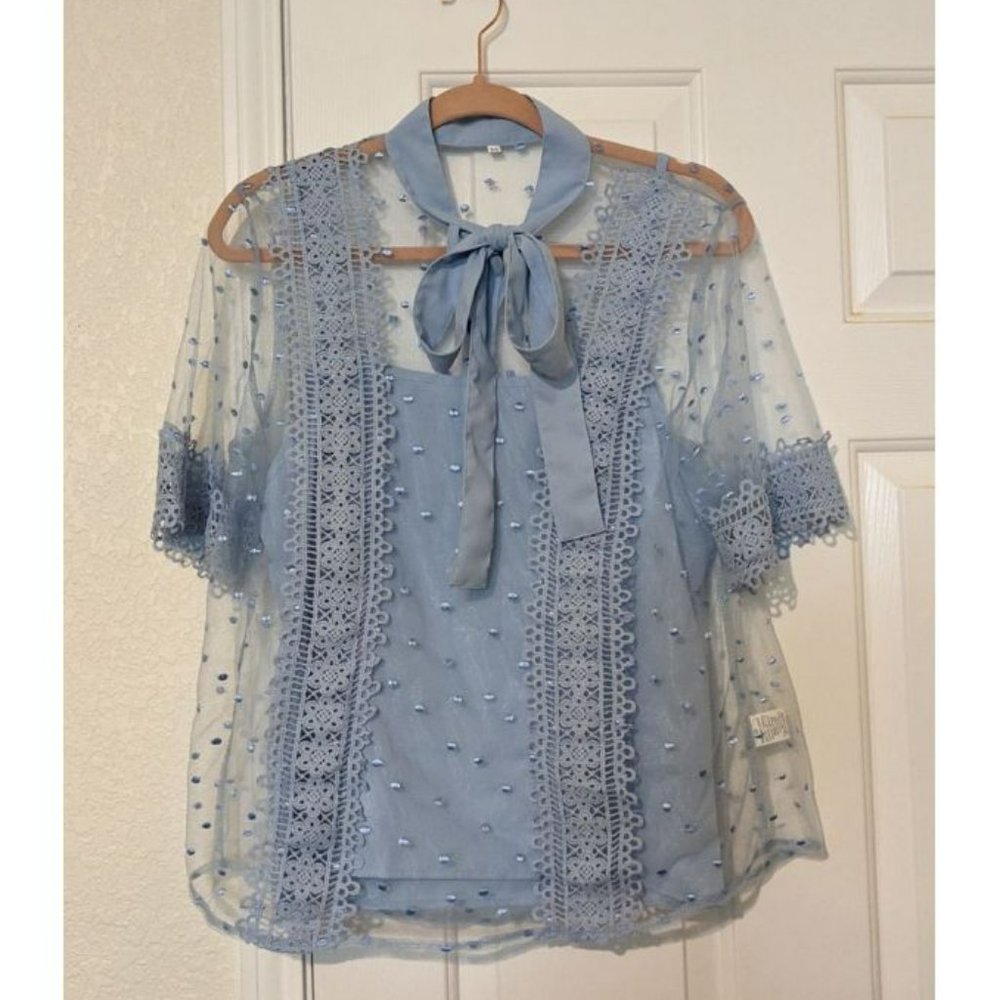 Mesh Guipure Lace Panel Tie Neck Blouse